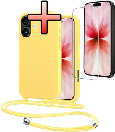 Hoes Geschikt voor iPhone 17 Met Telefoonkoord Met Screenprotector - Siliconen Hoesje Backcover Met Ketting - Geel