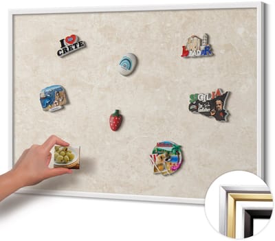 Wallfluent - Romig Magneetbord in Stijlvolle Kleuren - 100 cm x 70 cm - Magneetbord met Witte Frame - Elegante lichte steen - Magnetisch Bord voor Magneten - Magneetbord voor Reissouvenirs - Magneetbord voor Foto's en Notities