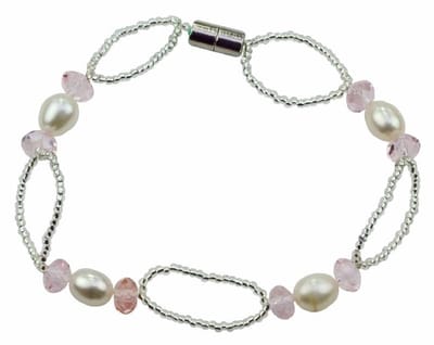 Zoetwater parel armband Rocio - echte parels - wit - roze - zilver - magneetslot - luxe sieraden zakje - parel armband dames - zoetwaterparel