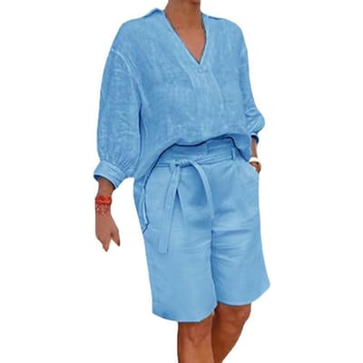 2 Stuks/Set Dames Shirt Shorts Set Effen Kleur Driekwart Mouwen V-hals Blouse Hoge Taille Losse Knielengte Broek Set Casual O L blauw