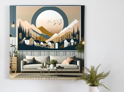 Modern landschap schilderij | Hedendaags panorama: Een harmonieus spel van kleuren en vormen | Kunst - 100x100 centimeter op Canvas | Foto op Canvas
