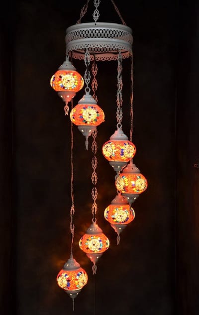 Hanglamp multicolour wit roze glas mozaïek Oosterse lamp kroonluchter Crèmewit 7 bollen