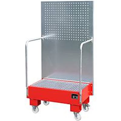 Verrijdbare lekbak LPW 60-2, met geperforeerde plaatwand, van staal, capaciteit 2 x 60 liter vat, rood