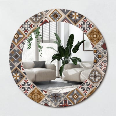 Wallfluent Bedrukte Ronde Spiegel - Ronde Spiegel Lijst Met Print Turks Patroon - 50 cm / 36 cm - Veelkleurig - Veelkleurig Ronde Spiegel Met Print - Slaapkamerspiegel - Badkamerspiegel - Gang - Kleedkamer - Montageset