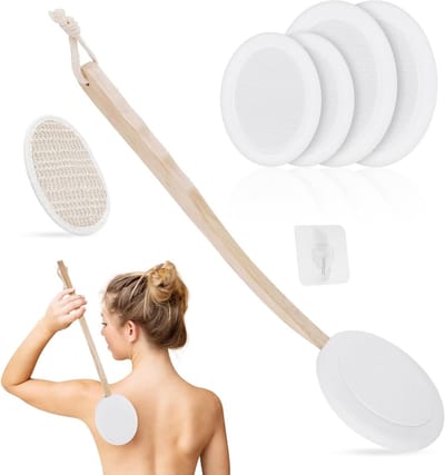 Back Cream Applicator met Lange Handgreep en 4 Verwisselbare Pads voor Effectieve Rugverzorging, Doucheborstel en Lichaamswasborstel (Wit)