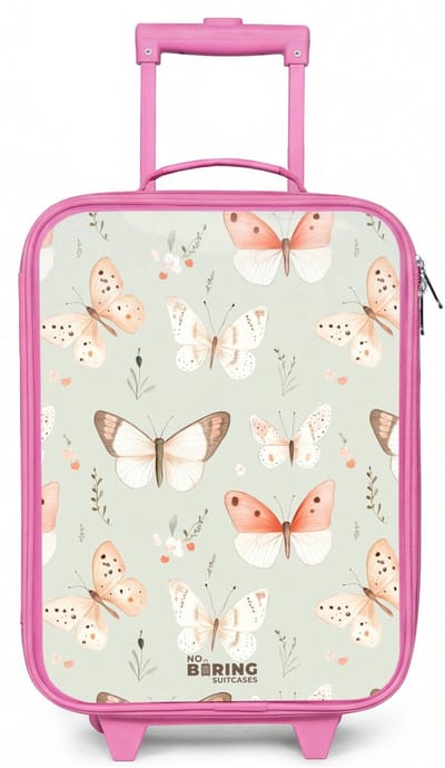 NoBoringSuitcases.com® - Kinderkoffer roze - Kindertrolley meisje - Vlinder patroon in zachte oranje en rode tinten - Koffer kind lichtgewicht - Reiskoffer trolley voor kinderen - Koffertje met lichtgevende wieltjes - Rolkoffer