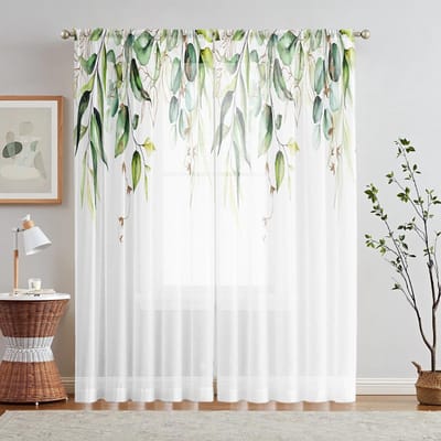 Lot de 2 rideaux à imprimé numérique HD à grandes feuilles vertes, décoration d'intérieur, salon, chambre à coucher, effet tringle W52H63inchW132H160cm white