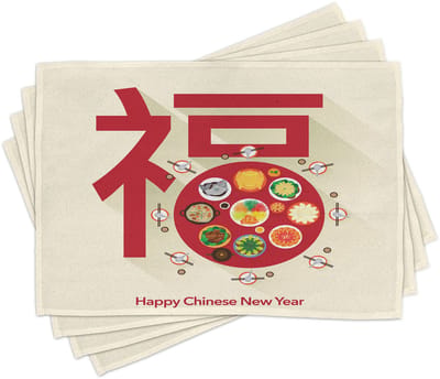 ABAKUHAUS Chinees Nieuwjaars-placemats, geschikt voor dineren, digitaal bedrukt op wasbare stof, tafeldecoratie voor de eetkamer, veelkleurig