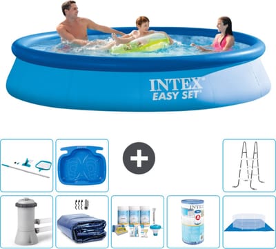 Intex Rond Opblaasbaar Easy Set Zwembad - 366 x 76 cm - Blauw - Inclusief Pomp - Solarzeil - Onderhoudspakket - Filter - Grondzeil - Schoonmaakset - Ladder - Voetenbad - 9-delig