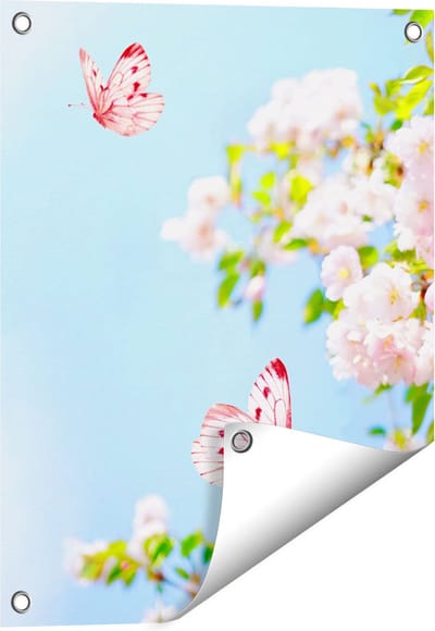 Gards Tuinposter Twee Roze Vlinders bij Roze Bloesem Bloemen - 40x50 cm - Tuindoek - Tuindecoratie - Wanddecoratie buiten - Tuinschilderij