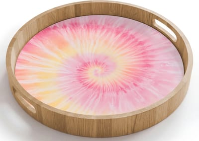Dienblad rond 40x40 cm - Schootdienblad hout - Patroon - Tie Dye - Pasteltinten - Roze - Borrelplank rechthoek - Plateau houten dienbladen