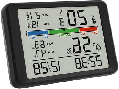 Digitale Thermo Hygrometer - Klok Alarm - Binnenklimaat Meten - Hoge Precisie Kwarts - 11.2 x 8 cm - Zwart