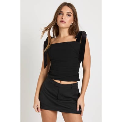 boohoo Dames Fluwelen top met strikband | Black | Maat: 6