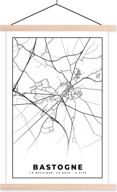 Posterhanger incl. Poster 40x60 cm - Schoolplaat - België – Bastogne – Stadskaart – Kaart – Zwart Wit – Plattegrond - Textielposter - Blanke latten - Stadskaart
