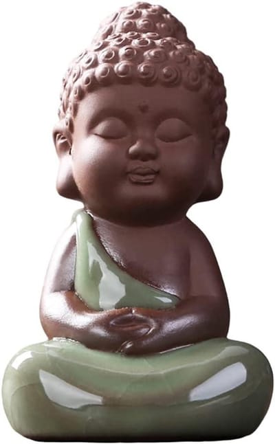 Boeddha Beeldje - Kleine Monnik - Zen Decoratie - Handgemaakt Keramiek - 5.5x7CM - Bruin Groen