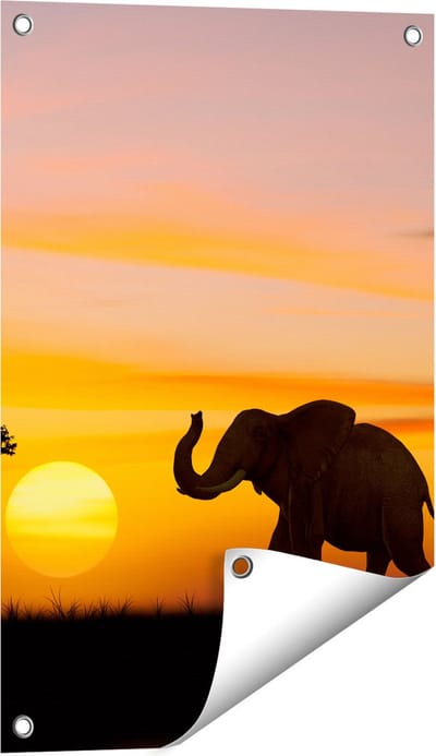 Gards Tuinposter Olifant Silhouet tijdens Zonsondergang - 40x60 cm - Tuindoek - Tuindecoratie - Wanddecoratie buiten - Tuinschilderij