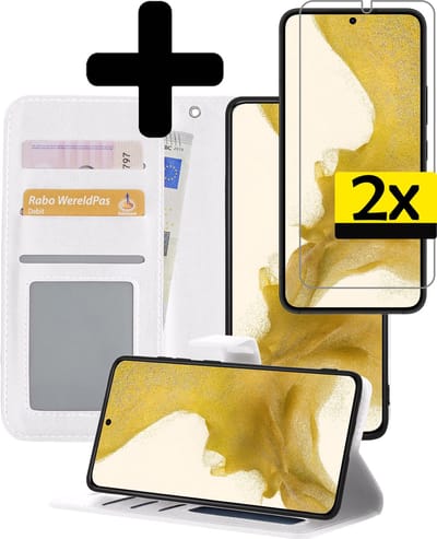 Hoesje - Met 2x Screenprotector - Geschikt voor Samsung Galaxy S22 Plus - Luxe Pasjeshouder - Bookcase Portemonee - Flip Case - Kunstleer Book Case - Flipcase Hoes - Book Cover - Walletcase - Portemonneehoes - Telefoonhoesjes - Wit