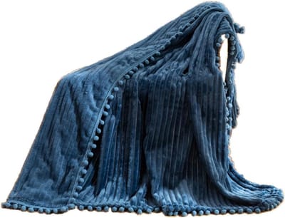 Luxe Fleece Deken Twin Formaat - Zacht Pluche Warm Plaid met Pompon Rand - Blauw