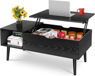 Houten Salontafel met Liftbaar Tafelblad, Verborgen Opbergruimte en Groot Legplank