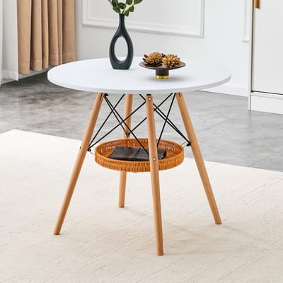 HAUSS SPOLE Eettafel - Ronde Tafel Met Opbergmand - Voor 2 Tot 4 Personen In Kleine Ruimtes - Hout En Wit - 80 Cm