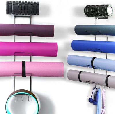 5-laags wandmontage yogamathouder - opbergrek voor yogamat, wielen, schuimroller en blokken