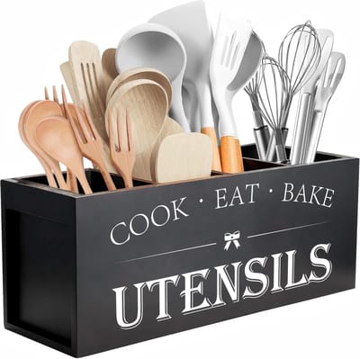 Famanu - Extra Grote Keukengerei Houder 4 Compartimenten, houten gebruiksvoorwerp organizer voor aanrecht, boerderij keuken decor, zwart