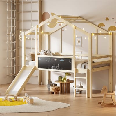 YEHTOKHOME Hoogslaper 90 x 200 cm met glijbaan en ladder - multifunctioneel Kinderbed Huisbed met lattenbodem - Graffitibord - Massief houten - Zonder matras - Natuurlijk