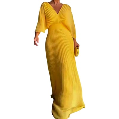 Damesjurk Elegant Geplisseerde V-hals Maxi-jurk voor Dames Dolmanmouwen Avondjurk met Slanke Taille Rok op Volledige Lengte voor Feest M