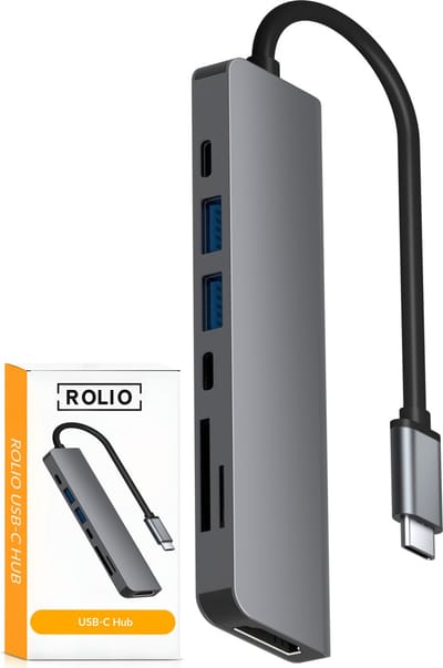 Rolio USB C Hub - 1x HDMI 4K - 2x USB-C - 2x USB-A - 2x Kaartlezer - USB Splitter - Geschikt voor Macbook Pro / Air / Windows / Universeel