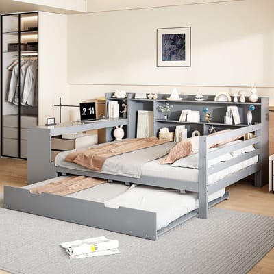 Massief houten slaapbank, 90x200 cm, met bureau, boekenplanken, opbergvakken en planken, stopcontact, uitschuifbaar bed onder het bed, multifunctioneel houten bed, wit