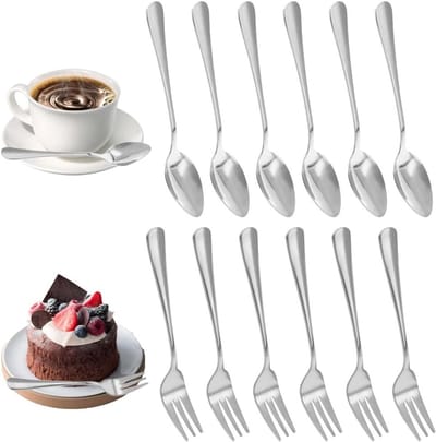 Set van 24 hoogwaardige dessertvorken en -lepels van roestvrij staal, vaatwasserbestendig, perfect voor feesten en dagelijks gebruik (12 vorken + 12 lepels)