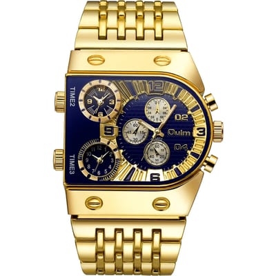 Oulm Multi Tijdzone Grote Wijzerplaat Lichtgevend Herenhorloge Stalen Band Mode Casual Persoonlijkheid Quartz Horloge Goud blauw