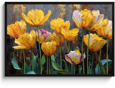 Poster in lijst - Fotolijst 120x80 cm - Posters - Tulpen - Geel - Penseelstreken - Abstract - Posterlijst zwart - Decoratie - Wanddecoratie woonkamer - Muurdecoratie slaapkamer