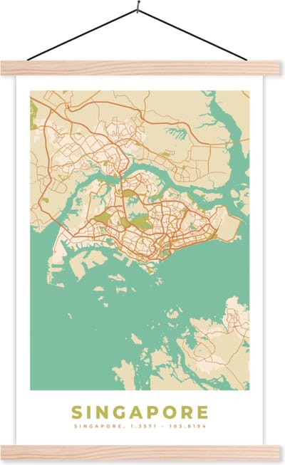 Posterhanger incl. Poster 40x60 cm - Schoolplaat - Singapore - Plattegrond - Stadskaart - Vintage - Kaart - Textielposter - Blanke latten - Stadskaart