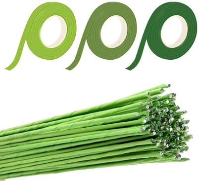 90 m Bloemlint, 3 Stuks, Floristentape, 12 mm x 30 m, Groene Crepe, 100 Stuks, 1 x 40 cm, Bloemdraad voor het Wikkelen van Boeketten en Bloemen, Creatieve Knutselprojecten en Decoraties