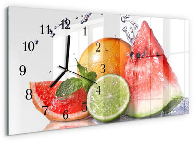 Tulup Wandklok - Sappig fruit Klok Glas Met Opdruk - 60x30 cm - Rood Moderne Wandklok Glas - Zwarte Handen - Rechthoekige Wandklok - Glazen Wandklok Design - Klok Glas Met Opdruk