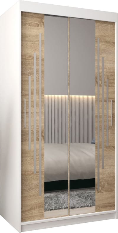 InspireMe - Kledingkast met 2 schuifdeuren, Modern-stijl, Een kledingkast met planken en een spiegel (BxHxD): 100x200x62 - MALTESE I 100 Wit Mat + Sonoma Eik