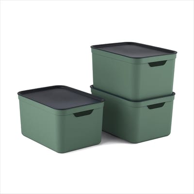Famanu - Set van 3 opbergdozen 16L met deksel gerecycled plastic groen antraciet 37.5x27.8x29.8cm