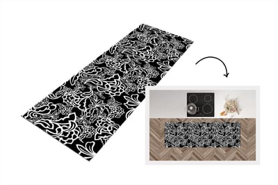 Keukenloper - Loper keuken - Patronen - Bloem - Zwart Wit - 150x50 cm - Keukenloper vinyl