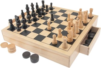 Houten Schaakbord en Drie-in-een Spellen voor 2 Spelers - 29cm