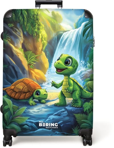 NoBoringSuitcases.com® - Koffer groot - Reiskoffer lichtgewicht - Schildpad en dino bij waterval in tropisch bos - Rolkoffer met 4 wielen - Grote trolley XL - 98 liter bagage