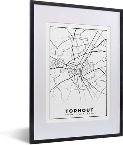 Fotolijst incl. Poster Zwart Wit- België – Torhout – Stadskaart – Kaart – Zwart Wit – Plattegrond - 30x40 cm - Posterlijst
