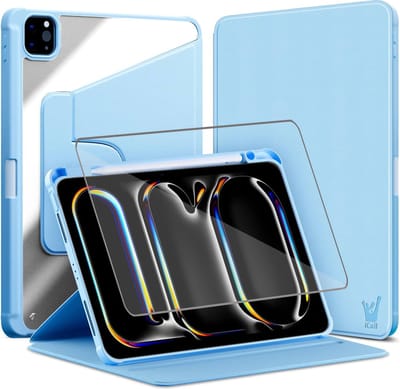 Hoes met Screenprotector geschikt voor iPad Pro 11 inch 2024 - Book Case Premium Sleep Cover Kunstleer 360 Graden Draaibaar met Auto/Wake Functie en Pencilhouder - Blauw