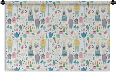 Wandkleed - Wanddoek - Patronen - Konijn - Lente - Tuin - 180x120 cm - Wandtapijt