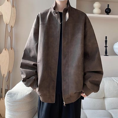 Amerikaanse Retro PU Leer Jas Heren Herfst Ruige Knappe Hoge Kwaliteit Losse Casual Opstaande Kraag Jas 5XL gray