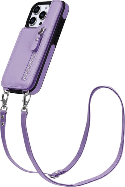 CaseBoutique Backcase hoesje geschikt voor iPhone 16 Pro - Effen Lila - Kunstleer - met Crossbody Koord, Pashouder & Ritsvakje