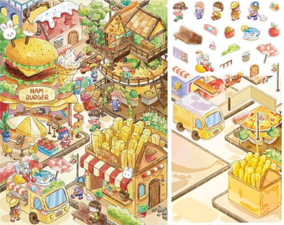 Ainy - Scene 3D Sticker Snackdorp | 1 Achtergrond (A4) 29.7*20.2cm met PET Stickers set | Kawaii Kat & Vrienden miniatuur stickerboek | Creatief & Rustgevend vakantieboek | Stickervellen voor volwassenen en kinderen