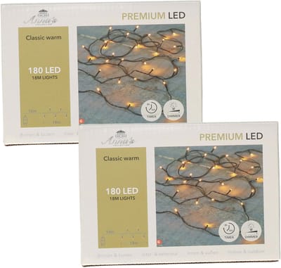 Anna's Collection Kerstverlichting premium LED - 2x - 180 led lampjes - klassiek warm wit - 18 meter - lichtsnoer - kerstboomverlichting