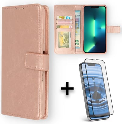HB Hoesje Geschikt voor Apple iPhone 13 Rosegoud & 1 Stuk Volledige Glazenscreen protector - Portemonnee Book Case - Kaarthouder & Magneetlipje