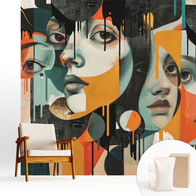 Wallfluent Behang - Kleurrijke gezichten Vliesbehang - 250x250 cm - Zwart Behang - Voor natuurliefhebbers en liefhebbers van lentelandschappen - Behang Voor de slaapkamer, woonkamer en hal - Wandbekleding Deel
